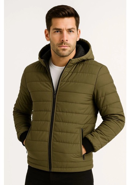 Erkek Şişme Kapüşonlu Fermuarlı Mont Su Itici Kapitone Astarlı Kumaş Cepli Kışlık Rahat Ka fiyatları