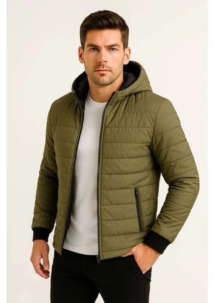 Erkek Şişme Kapüşonlu Fermuarlı Mont Su Itici Kapitone Astarlı Kumaş Cepli Kışlık Rahat Ka fırsatları