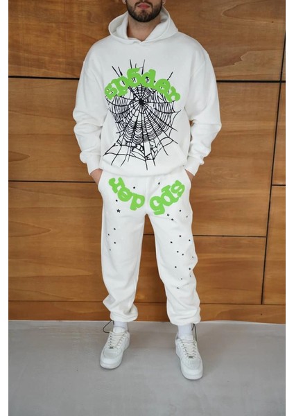 Erkek Kapüşonlu Eşofman Takım Örümcek Ağı ve Neon Yeşil Baskılı Kanguru Cepli Oversize Ra modelleri