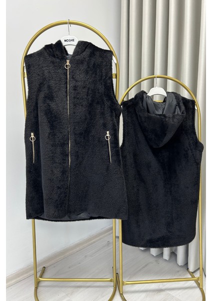 Noshe Kapüşonlu Gold Fermuar ve Cep Detaylı Astarlı Angora Yelek Siyah indirimleri