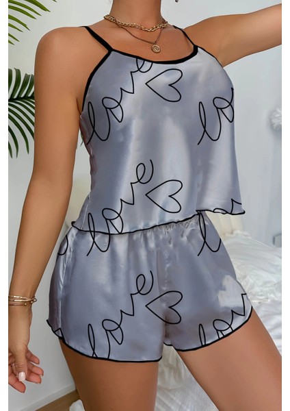 Love Baskılı Gri Saten Şortlu Gecelik Takım modelleri