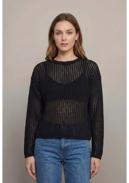 Kadın Siyah Ince Ajurlu Triko Kazak
