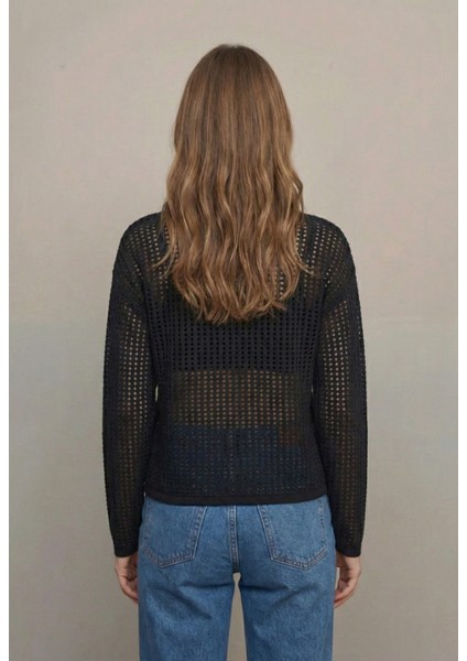 Kadın Siyah Ince Ajurlu Triko Kazak modelleri