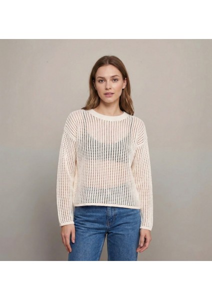 Kadın Ekru Ince Ajurlu Triko Kazak