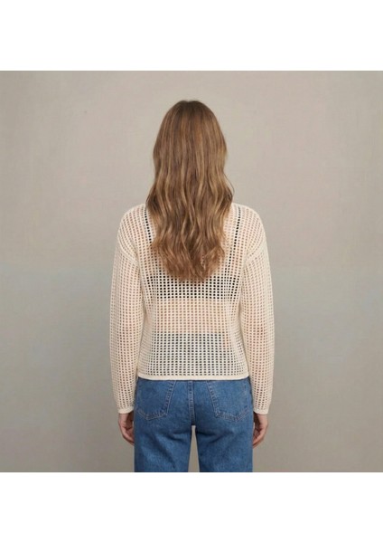 Kadın Ekru Ince Ajurlu Triko Kazak modelleri