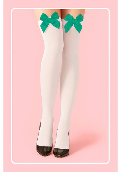 Yeşil Fiyonklu Beyaz Jartiyer Çorabı TM1380