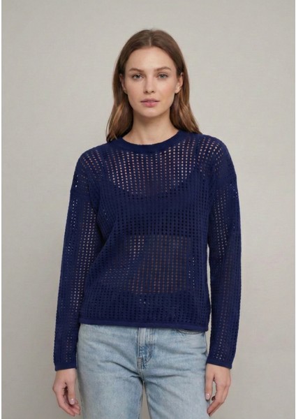 Kadın Lacivert Ince Ajurlu Triko Kazak