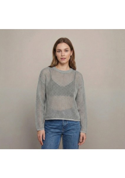 Kadın Gri Ince Ajurlu Triko Kazak