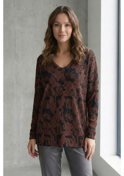 Kadın Lacivert-siyah Desenli V Yaka Simli Triko Kazak