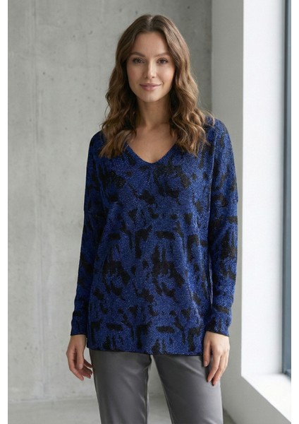 Kadın Lacivert-Siyah Desenli V Yaka Simli Triko Kazak