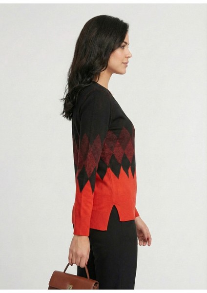 Kadın Kırmızı Baklava Desenli V Yaka Kazak fiyatları