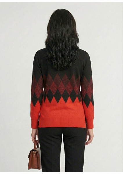 Kadın Kırmızı Baklava Desenli V Yaka Kazak modelleri