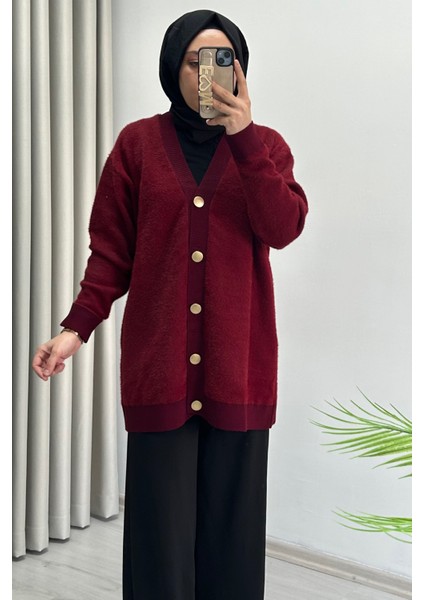 Magazin Oversize Rahat Kalıp V Yaka Düğme Detaylı Angora Kadın Hırka