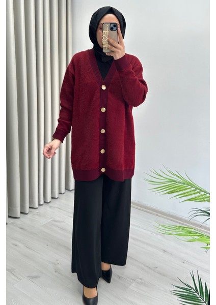 Magazin Oversize Rahat Kalıp V Yaka Düğme Detaylı Angora Kadın Hırka fırsatları