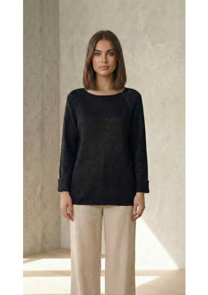 Kadın Siyah Simli Duble Kol Triko Kazak