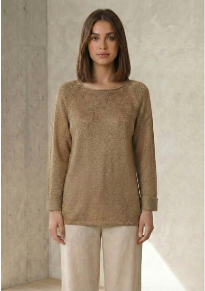 Kadın Vizon Simli Duble Kol Triko Kazak