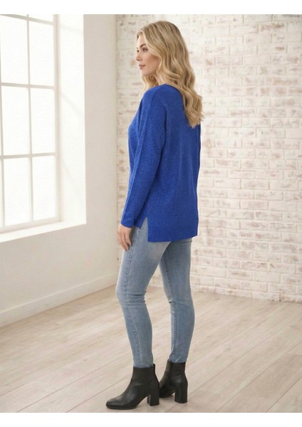 Kadın Saks Mavisi V Yaka Simli Triko Kazak fiyatları