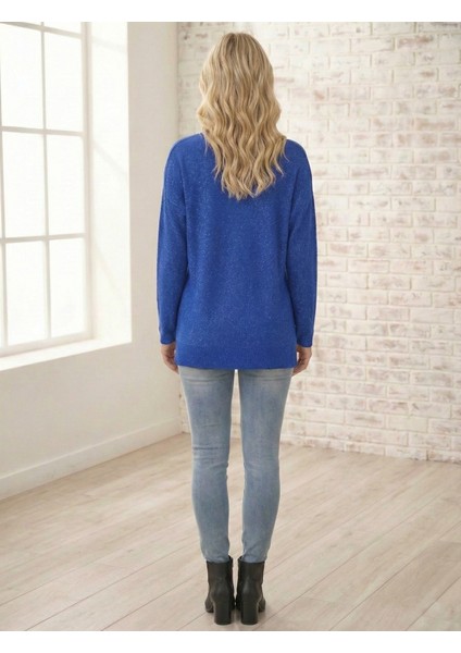Kadın Saks Mavisi V Yaka Simli Triko Kazak modelleri