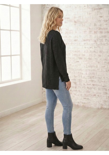 Kadın Siyah V Yaka Simli Triko Kazak fiyatları