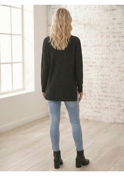 Kadın Siyah V Yaka Simli Triko Kazak modelleri