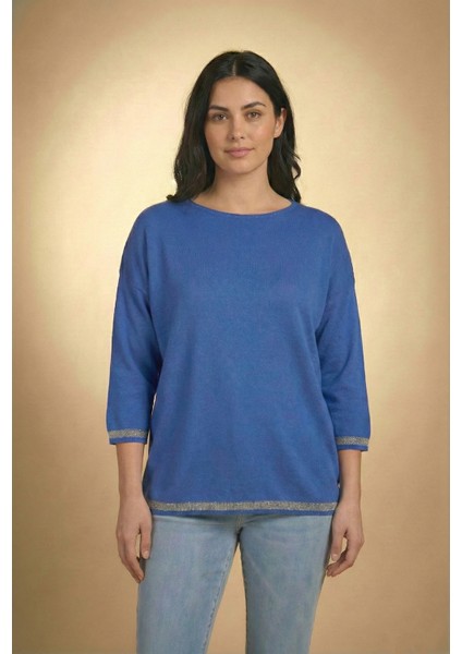 Kadın Saks Mavisi Kolu-Etek Ucu Simli Fakir Kol Ince Kazak