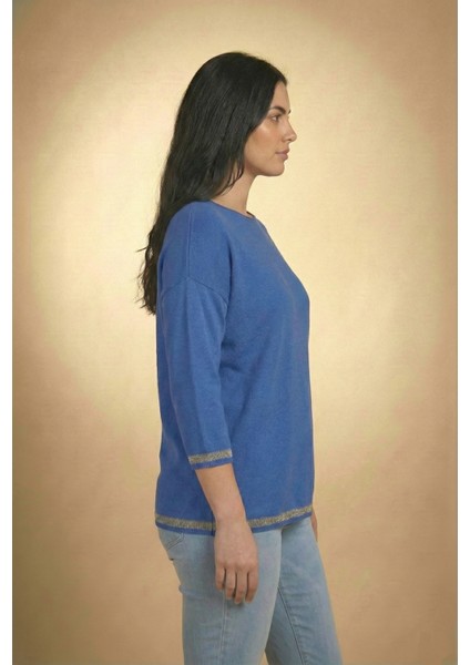 Kadın Saks Mavisi Kolu-Etek Ucu Simli Fakir Kol Ince Kazak fiyatları