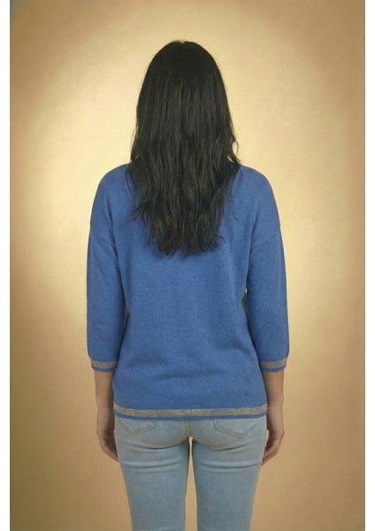 Kadın Saks Mavisi Kolu-Etek Ucu Simli Fakir Kol Ince Kazak modelleri