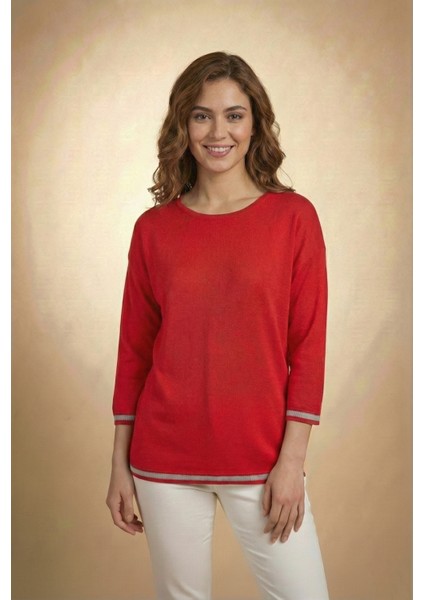 Kadın Kırmızı Kolu-Etek Ucu Simli Fakir Kol Ince Kazak