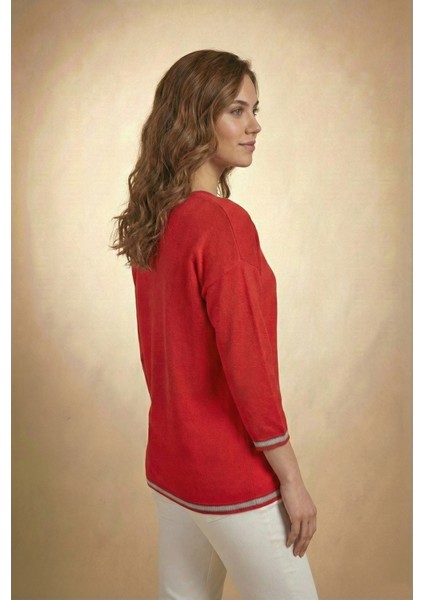 Kadın Kırmızı Kolu-Etek Ucu Simli Fakir Kol Ince Kazak fiyatları