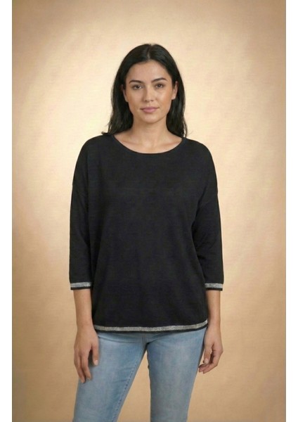 Kadın Siyah Kolu-Etek Ucu Simli Fakir Kol Ince Kazak