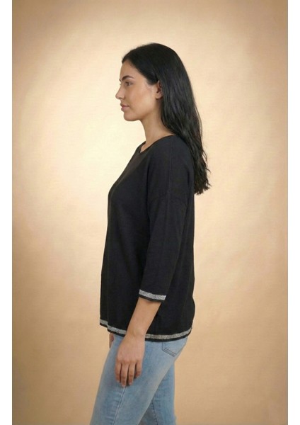 Kadın Siyah Kolu-Etek Ucu Simli Fakir Kol Ince Kazak fiyatları