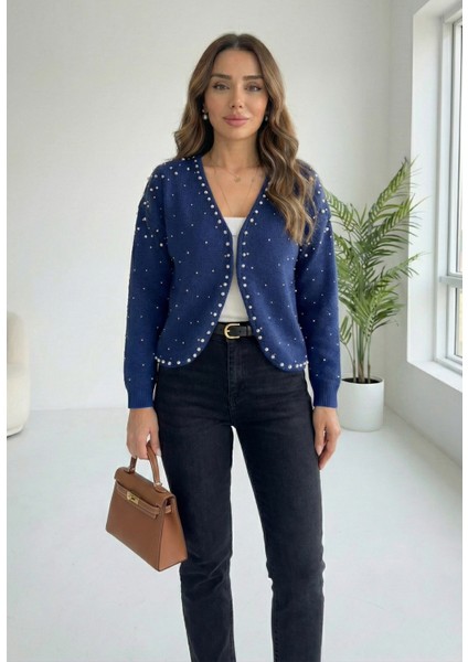 Kadın Saks Mavisi Inci Detaylı Triko Hırka