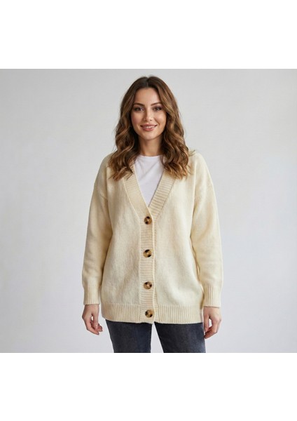 Kadın Krem Kemik Düğmeli Triko Hırka