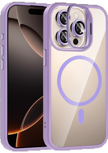 FLM Apple iPhone 15 Pro Max Remim Lensli Magsafe Standlı Kapak - Lila