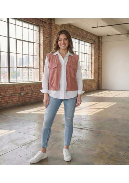 Kadın Pudra Süet Astarlı Cepli Yelek