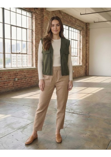 Kadın Haki Süet Astarlı Cepli Yelek
