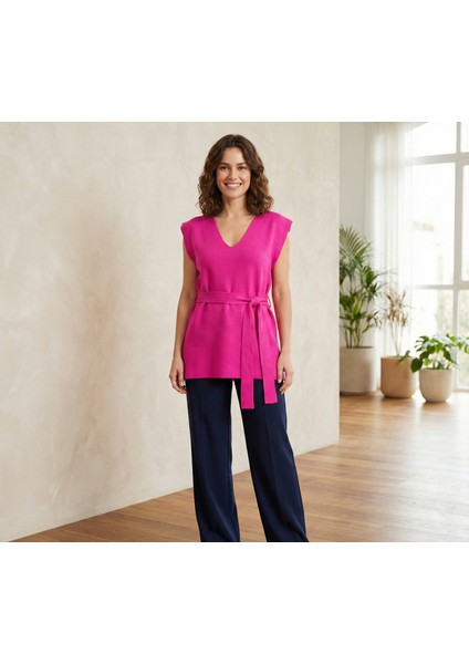 Kadın Pembe Kuşaklı Uzun Süveter