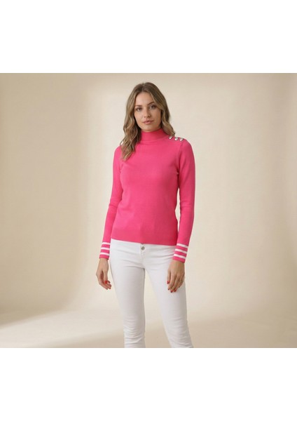 Kadın Pembe Omuzu Düğmeli Yarım Balıkçı Triko Bluz