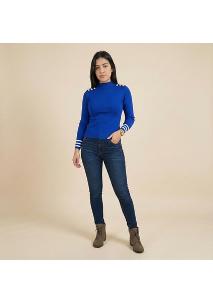 Kadın Saks Mavisi Omuzu Düğmeli Yarım Balıkçı Triko Bluz