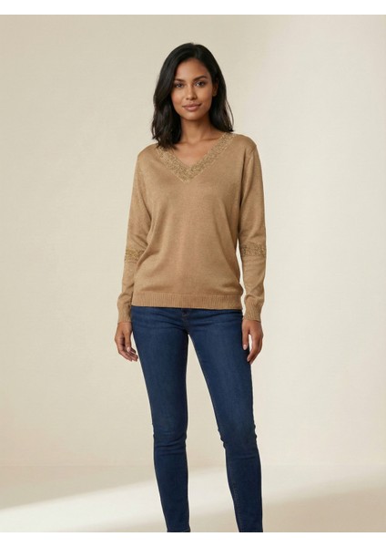 Kadın Vizon Kol Ve Yakası Sim Detaylı Triko Kazak