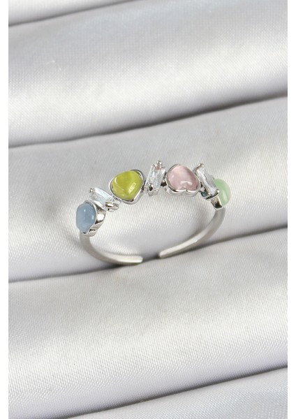 Pirinç Sıralı Kalp Figürlü Zirkon Taşlı Gümüş Renk Ayarlanabilir Kadın Yüzük - TJ-BYK3755