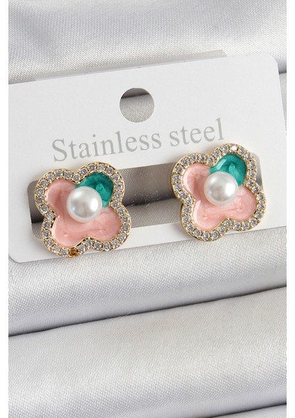 Pirinç Pembe Mineli Inci Detaylı Zirkon Taşlı Sanatsal Portre Yonca Model Gold Renk Kadın Küpe - TJ-BKP10682