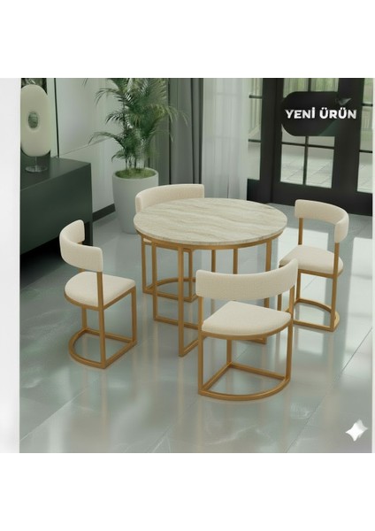 Melis Gold Metal Krem 90 cm Çap Yuvarlak Yemek Masası Takımı 4 Kişilik Balkon Masası Takımı Mutfak Masası