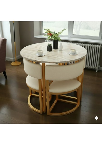 Melis Gold Metal Krem 90 cm Çap Yuvarlak Yemek Masası Takımı 4 Kişilik Balkon Masası Takımı Mutfak Masası fiyatları
