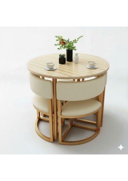 Melis Gold Metal Krem 90 cm Çap Yuvarlak Yemek Masası Takımı 4 Kişilik Balkon Masası Takımı Mutfak Masası modelleri