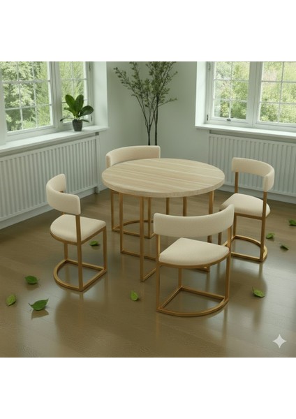 Melis Gold Metal Krem 90 cm Çap Yuvarlak Yemek Masası Takımı 4 Kişilik Balkon Masası Takımı Mutfak Masası fırsatları