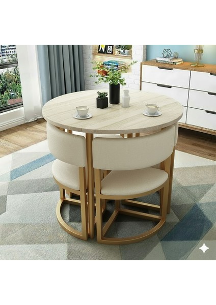 Melis Gold Metal Krem 90 cm Çap Yuvarlak Yemek Masası Takımı 4 Kişilik Balkon Masası Takımı Mutfak Masası indirimleri