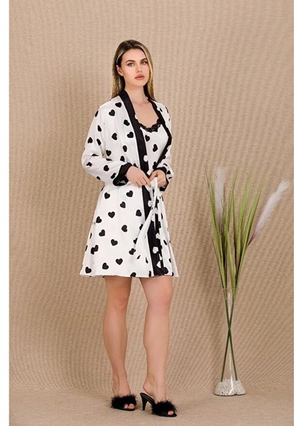 Lady Lingerie Sabahlıklı Kalp Desenli,askılı Saten Kadın Gecelik 2'li Takım