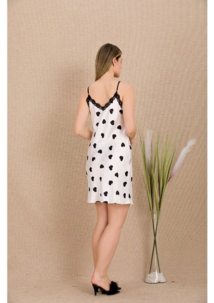 Lady Lingerie Sabahlıklı Kalp Desenli,askılı Saten Kadın Gecelik 2'li Takım modelleri