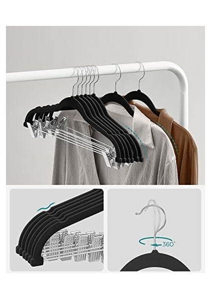 Elbise Askısı Kadife, 12&apos;li Set, Etek Askısı, 42,5 cm Genişliğinde, Ayarlanabilir Klipsli, Kaymaz, Yer Tasarruflu, Pantolon, Manto, Elbise Için, Siyah CRF12B